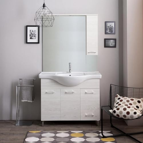 Kiamami Valentina - Meuble de Salle de Bains au Sol de 105 cm en chêne Blanc avec 3 Portes, Un tiroir et Un Miroir avec Armoire Suspendue de la série Rimini