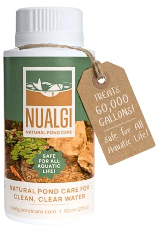 Nualgi Pond Care Detergente naturale per laghetti, 60 ml, chiarificatore per laghetti di pesci, sicuro per tutta la vita acquatica, incluso Koi, chiarificatore per acqua per laghetti, tratta fino a