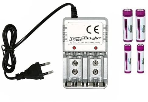 Hongu Caricabatterie Universale per AA e AAA C D e 9V Ni-MH Batterie Ricaricabili, 4 batterie Incluse, Caricatore Batterie,Carica Rapida,Universale, 220V,Grigio