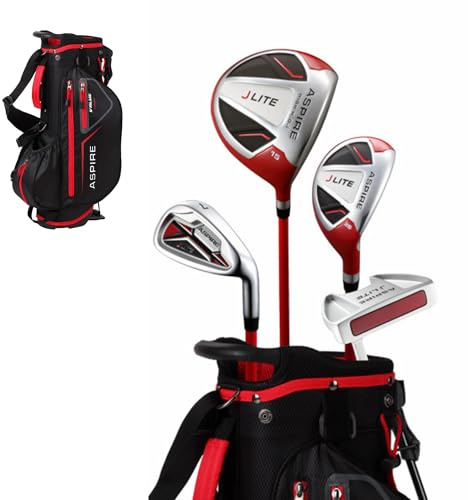 Aspire X-Lite Super Performance Junior Golf Club Set - Right-Handed Kids Golf Set with Driver, Hybrid, 7 Iron, Putter, Stand Bag & Headcovers - Red Ages 3-5