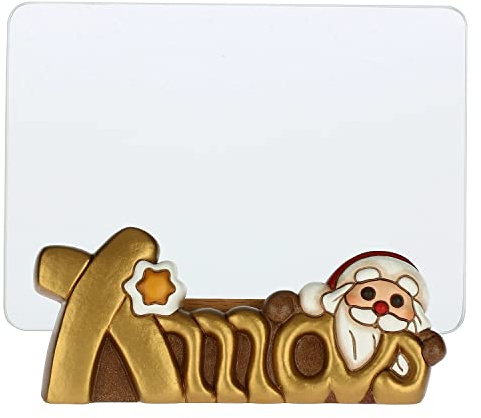 THUN - Portafoto Christmas Con Babbo Natale in Ceramica Decorata a Mano - Idea Regalo Natale 2022 - Ceramica, Vetro, Inserto in Legno di Pino - Spazio Foto 10x15 cm h
