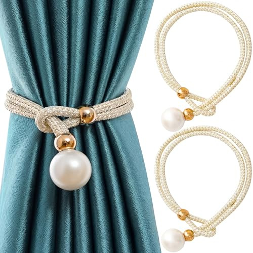 Folmywy 2 Stück Vorhänge Halter Beige Gardinenhalter mit Perlen Boho-Stil