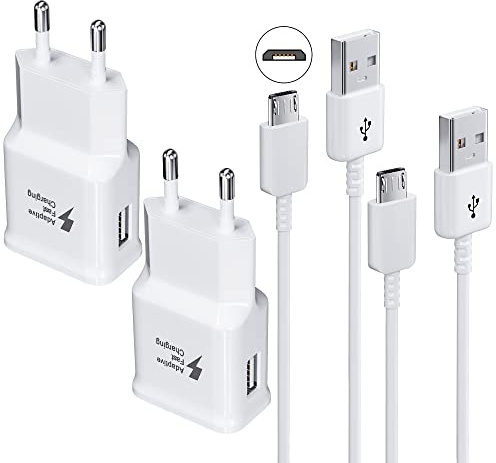 2-Pack Ladegerät mit Micro USB Ladekabel 1.5M für Samsung Smartphone Tablet | 15W Schnellladegerät USB Netzteil und Micro-USB Kabel für Galaxy S7/S7 Edge/S6/S6 Plus/S5/S4/J7/J5/J3/Note 5/4, PS4, LG