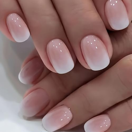 MouyouGlow Press on Nails Kurz,Square Nude Rosa Farbverlauf Weiß Fake Nails mit Nagelkleber,Eckig Pink Gradient White Künstliche Fingernägel