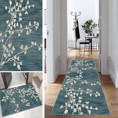 Mogetal Blau Läufer Teppich Lang Vintage Flur Läufer rutschfest Waschbar 50x200cm Modern Blattmuster Dauerhaft Läuferteppich TeppichLäufer Küchen Korridor Polyester Anpassbar Meterware