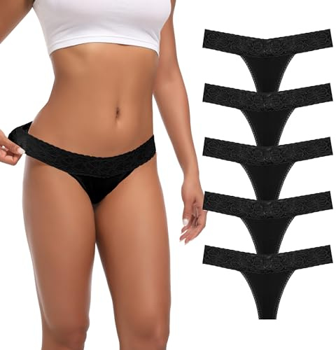 Auithery Tanga-Unterwäsche für Frauen in Übergröße Spitze Baumwolle Sexy Slips Hohe Taille Strings Spitze Baumwolle Schwarz Größe 3XL Packung mit 5