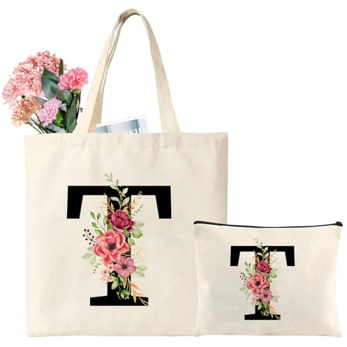 Tarklanda Personalisierte Baumwolltasche Initial Canvas Tote Bags, Tragetasche mit Buchstaben, Initialen Einkaufstaschen Kosmetiktasche Geschenk für Frauen Freunde zum Geburtstag, Muttertag (T)