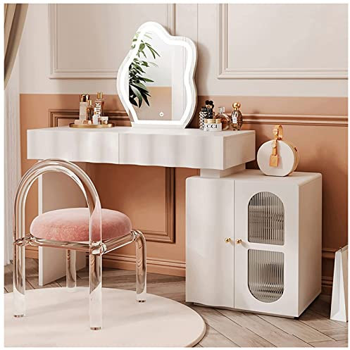 Schminktisch，Kreativer Schreibtisch, Make-up-Set mit Beistellschrank aus Acrylhocker und beleuchtetem Spiegel in Wolkenform (80 cm)