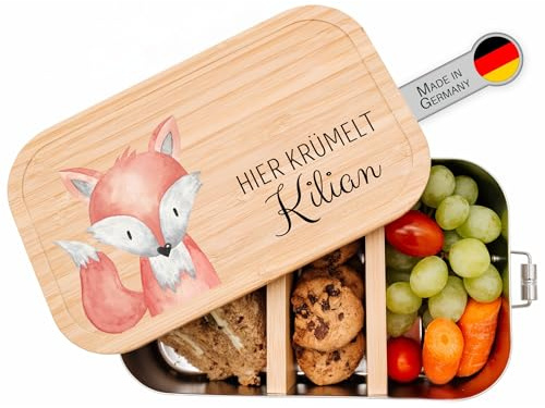 wunderwunsch® - Personalisierte Brotdose für Kinder - Robuste und Individuelle Edelstahl Brotdose mit Namen - Personalisierte Geschenke für Kinder (klein Edelstahl,Fuchs)