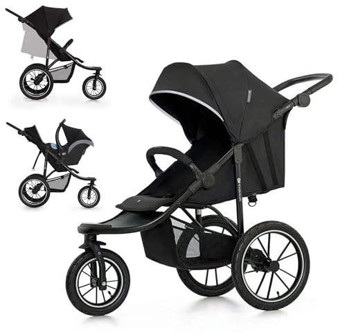 Kinderkraft HELSI 2 Passeggino leggero 3 ruote, dalla nascita fino 27 kg, con Maniglione del genitore regolabile, Posizione sdraietta, Grande ruote gonfiabili, Cestello portaoggetti, Nero