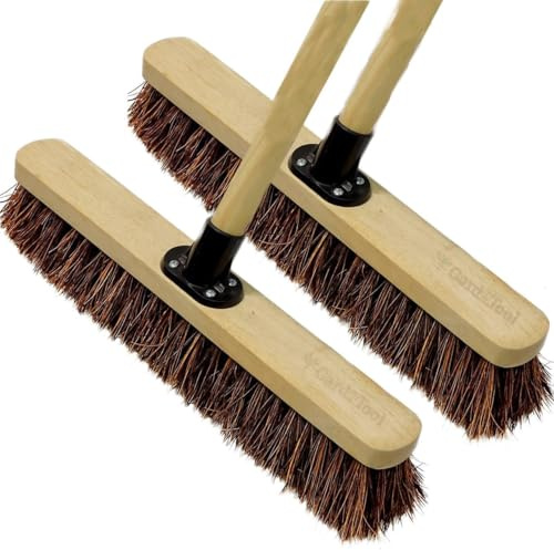 [1] 18” Stiff Broom Outdoor Heavy Duty with Wooden Handle Natural Bassine Hard Bristle Yard Brush Factory Warehouse Floors Commercial and Industrial Broom Strong Wooden Brush (1Pack)