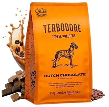 Terbodore | Dutch Chocolate Coffee Beans, 250g Bag, Whole Arabica Beans | Medium Roast for Machine or Grinder – Flavoured Coffee Beans for Home & Cafe, Hot or Iced, Chocolate Flavoured Coffee Beans