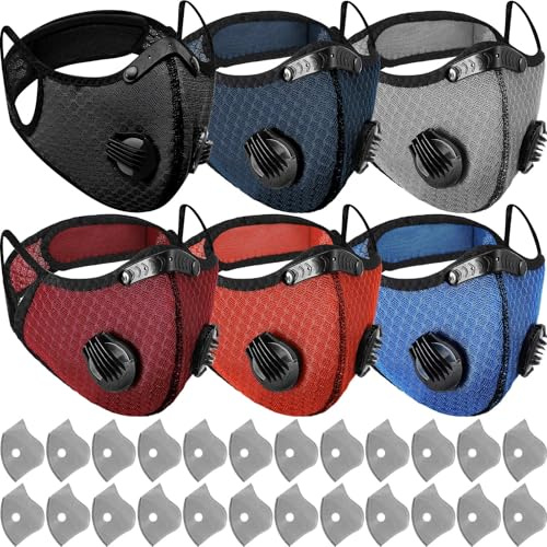 Threlaco 6 Pcs Dust Mask Breathable Reusable Respirator Mask with 24 Activated Carbon Filters Adjustable Dust Mask for Woodworking Construction Mowing Sanding