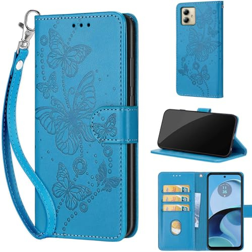 SIENIANLINE Funda para Motorola Moto G14 PU Cartera Flip Azul | Funda flip de piel PU, Ranuras con Tarjetas, Cierre Magnético, Función Atril，Estuche Flip para Moto G14
