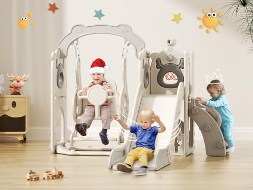 Krovtoy Toddler Slide, Christmas Elk Theme Toddler Slide with Swing Set, Baby Slide Playground Equipment Baby Slide for Toddlers 1-3 Years Old (6-in-1 gray)