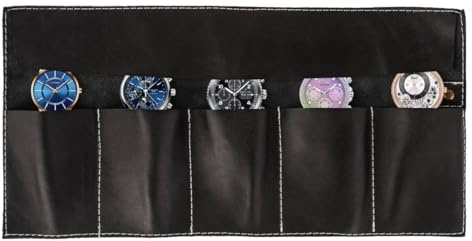 Leathershire Rotolo per orologio da viaggio in pelle nera naturale di alta qualità, regalo per lui (5 tasche)