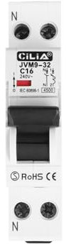 CILIA Interruttore Magnetotermico,DPN 1P+N 220V Da 1 Modulo DIN, 4.5kA 30mA In=16 A (JVM9-32-1P-16A)