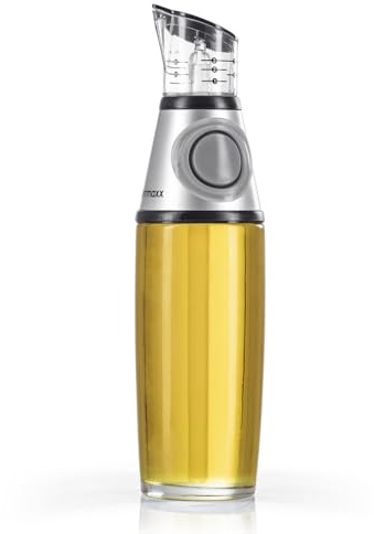 GOURMETmaxx Dispenser di olio con dosatore, bottiglia di vetro con scala graduata in ml, cucchiaini e tL, dosaggio esatto di olio, aceto e altro ancora, igienico, a prova di perdite e riutilizzabile