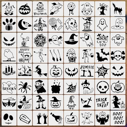 64 Pochoirs de Peinture d'Halloween, 7.6cm Pochoirs de de Dessin Réutilisables, Modèle de Pochoir pour Ornements DIY Scrapbooking Bois Maison Décor
