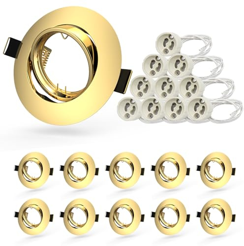 Allesgute 10x GU10 Downlights for Ceilings 360° Tilt Swivel Recessed Ceiling Lights Metal Frame Round Gold Finish Spotlight Fittings 240V, Outer Diameter: 90mm, Cutout Ø68-85mm, No Bulbs