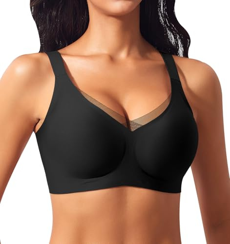 Ganado Damen BH Nahtloser Glatter BH Ohne Bügel Spitze Tiefem V-Ausschnitt Bügelloser BHS Weicher Bequemer BHS mit zusätzlicher Verlängerung Soft Bralette Bustier Bra Tshirt (Schwarz, XL)
