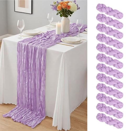 12 Pack Lavender Cheesecloth Table Runner 10Ft, Lilac Purple Table Runners 21.5 x 120 inch,Semi Sheer Cheese Cloth Fabric Runner Bulk for Wedding,Party,Baby Shower,Bridal Shower