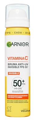 Garnier SkinActive Bruma Facial Anti-UV SPF50+ Invisible Vitamina C, 75ml | Acción Acabado Luminoso de la Piel, Una Alta Protección contra El Sol con FPS50+, SkinActive