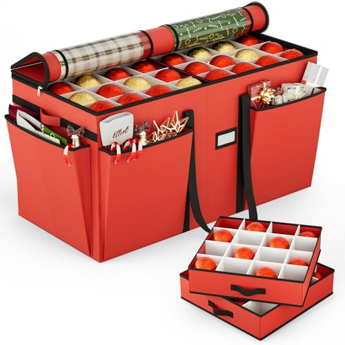 Scatola portaoggetti per ornamenti natalizi con divisori, contenitore per palline di Natale con vassoio, cestino decorativo per 128 palline (rosso e nero)