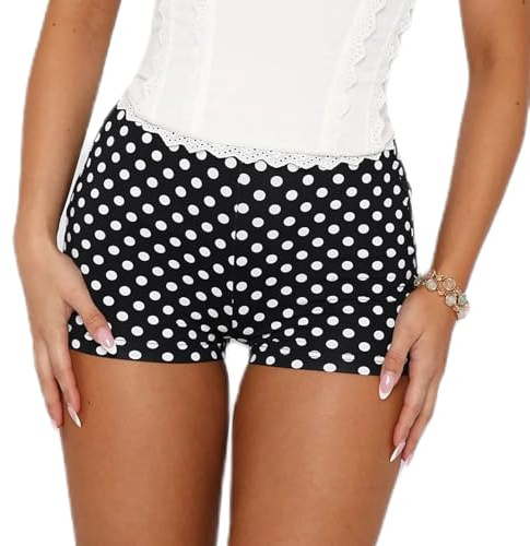 Acrawnni Womens Y2k Polka Dot Shorts Low Rise Micro Booty Shorts Elastic Waist Skinny Lounge Mini Bottoms Coquette Streetwear (A-Black, S)