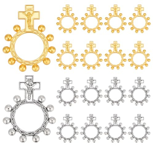 PH PandaHall 30 piezas anillos rosario de dedo de 2 colores, rosario de bolsillo para hombres y mujeres, recuerdos funerarios para invitados, anillo de oración con cruz para recuerdos de bautismo para