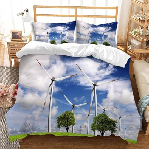 Funda Nordica Cama 90 Molino de Viento Eléctrico 3D Ropa de Cama Nubes Blancas Suave Microfibra Funda Nórdica 135x200 cm con Cremallera y 2 Funda De Almohada 50x75 cm O.1345