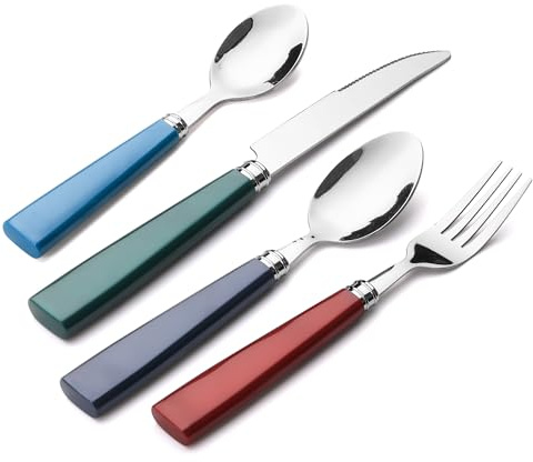 Ourplpme Cutlery Set, Colorful Plastic Handle Cutlery Set for 4 People - Retro Stainless Steel Tableware Flatware Serving Utensils Set for Family Dining, Picnic, Camping, Dishwasher Safe