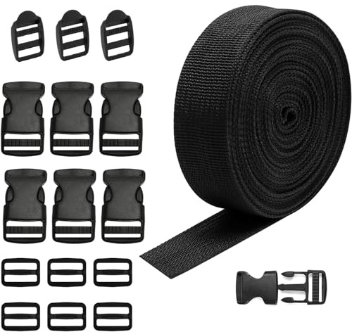 TCETCY 2.5cm*15m Meters Nylon Webbing Strap 15 M x 25mm Cinta De Correa Negra Con 36 Hebilla De Plástico Para Mochilas Resistente Cinta Persiana Con Hebilla De Liberación Rápida