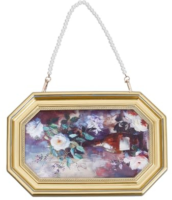 NBEADS Decorazione Murale Vintage su Tela con Cornice Dorata, Cornice con Perline Rotonde In Lega di Zinco e Resina Catena Sospesa per Soggiorno Bagno Cucina Camera Da Letto, 28.6x18.6cm
