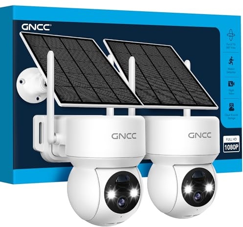 GNCC 2PCS Camera Surveillance WiFi Exterieure sans Fil Batterie-Panneau Solaire, 360° PTZ, 2MP Camera Solaire Exterieur, Détection Humaine PIR, Vision Nocturne Couluer, Audio Bidirectionnel, 2,4G