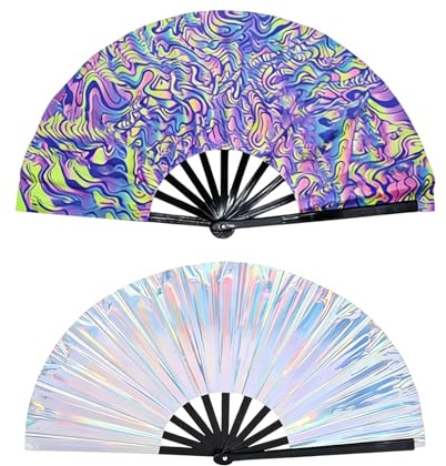 GgiAvbn 2er Set Fächer Groß als farbenfrohes Festival Zubehör, UV Schwarzlicht und holographischer Handfächer für jeden Rave, Ideales Festival Gadget zur Neon Party