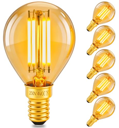 MLOQI 6 Pack E14 Vintage LED Light Bulb, G45, 4W, 400LM, 2200K Warm Yellow Glow, Antique Style Retro Amber Glass, Non-dimmable Edison Screw Bulb for Lamp