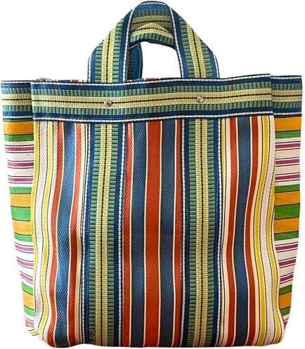 MULTYVERSA Bolsa Shopper Boho Vintage de Nylon Multicolor | Bolsa Playa Grande Impermeable con Rayas | Tote Bag Mujer Compra y Viaje