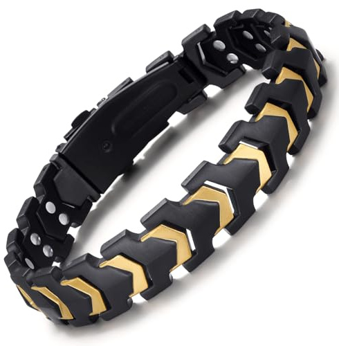RainSo Magnetiskt herrarmband, dubbelknäppt magnetarmband, guld accenter på svarta pillänkar, elegant utseende för affärsliv fritid, 24 cm justerbar