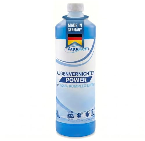 Aquakern Algenvernichter Pool Power 1L [mit Aqua KLAR KOMPLEX] entfernt Grünbelag | Algizid bei Grünalgen | Für mehr als 50.000 Liter | Schaumfreier Algenverhüter | Algenschutz | Made in Germany