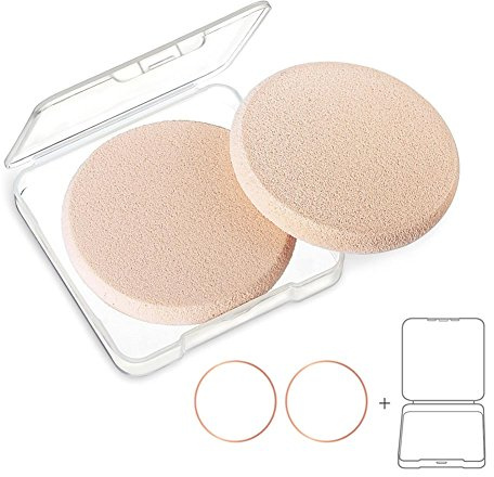 OWLFAVO 2pcs Round Makeup Sponges with 1 Travel Case, Beauty Face Primer Compact Powder Puff, Blender Sponge Replacement for Cosmetic Flawless Foundation, Sensitive and All Skin Types