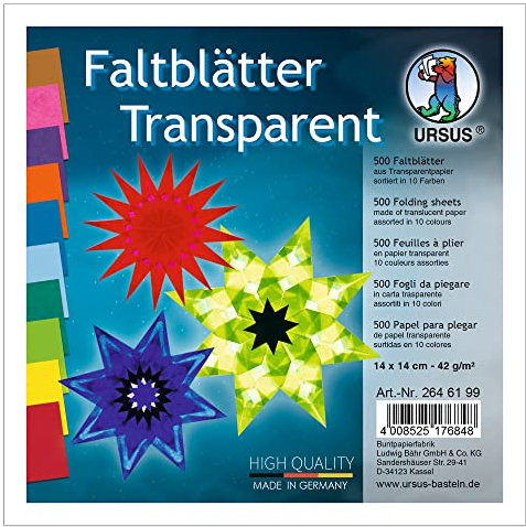 Ursus 2646199 - Faltblätter Transparentpapier, ca. 14 x 14 cm, 42 g/qm, 500 Blatt, sortiert in 10 Farben, durchgefärbt, ideale Grundlage für kreative Bastelarbeiten