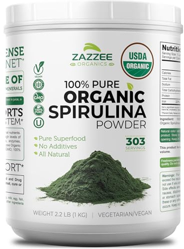 Zazzee USDA Organic Spirulina Powder, 2.2 Pounds (1 KG), 303 Servings, Certified Kosher, 100% Pure, Non-Irradiated, Mess-Free Wide Mouth Container, Fresh Smell and Neutral Taste, Non-GMO, Made in USA