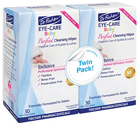 Purified, Non-irritating, Tear-free, Hypoallergenic and Sensitive Approved Baby Eyelid Wipes by Dr. Fischer - Pre-moistened, Rinse-free and Paediatrician Recommended (Twin Pack)