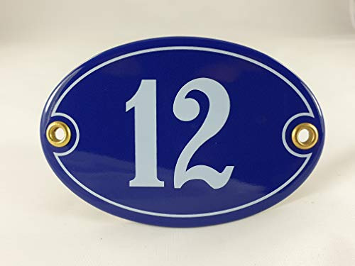 Emaille Hausnummer Schild Nr. 12, oval, Blau-Weiß Handarbeit