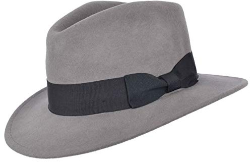 Hecho a mano de fieltro triturable Fedora HAT 100% lana elegante sombrero para caballeros con banda ancha estilo Indiana, gris, Large