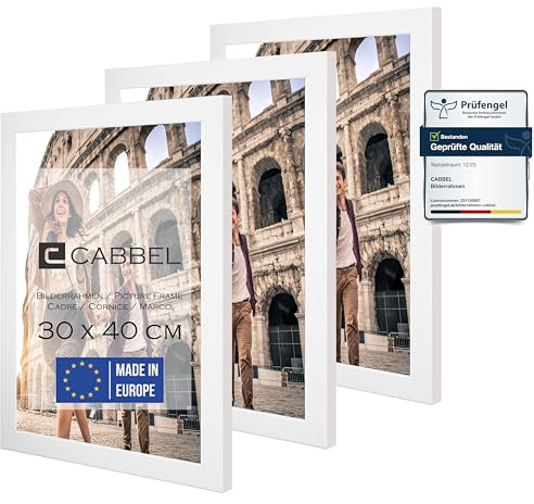CABBEL set de 3 marcos 30x40 cm Marco de madera MDF con cristal acrílico inastillable, ideal para pósters, retratos en Blanco