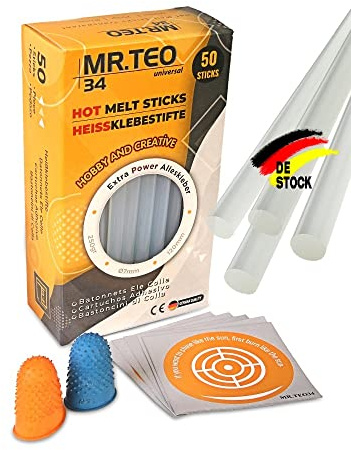 MrTeo Nano Heißklebesticks,50 Stück 7 mm x 120 mm Heißklebestift, alle Materialien für Kinder Erwachsene DIY Versiegelung Reparieren, Includes 2 Finger Protectors
