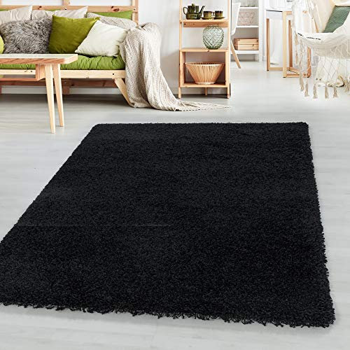 SIMPEX Teppich Wohnzimmer Shaggy 160 x 230 cm Schwarz Modern Einfarbig Design - Hochflor Teppich Schlafzimmer Pflegeleicht und Extra Weich - Teppich Flauschig für Küche Esszimmer Kinderzimmer Rug