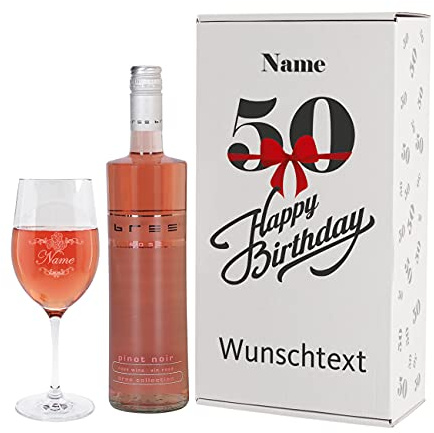 Herz & Heim® Geburtstagsgeschenk zum 50. Geburtstag - Bree Weinflasche, Weinglas mit Gravur in Geschenkverpackung Rosé